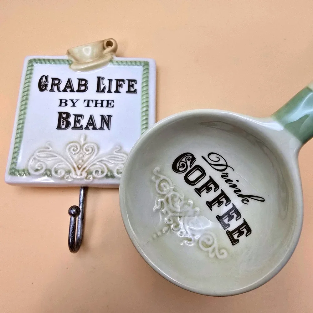 Ceramic Coffee Scoop and Wall‎ Hook Set Grab Life By The Bean Sage Green Cream